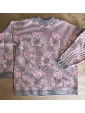Vintage 1980s Adele Pink and Gray Knit Teddy Bear Sweater